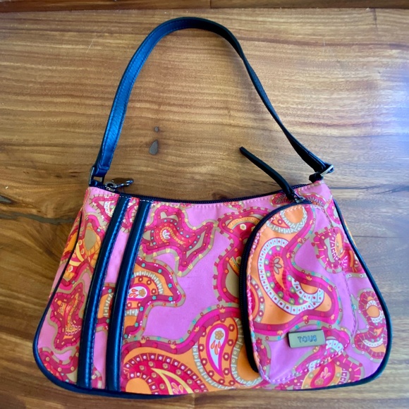 TOUS Shoulder Purse Bag Multicolored Pink Orange Paisley Teddy Nylon and Leather - Picture 1 of 15
